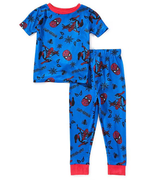 Marvel Spider-Man Boys 2-Piece Pajama Set, Short Sleeve All-Over Print Graphic Tee and Matching Pants, Royal Blue/Red