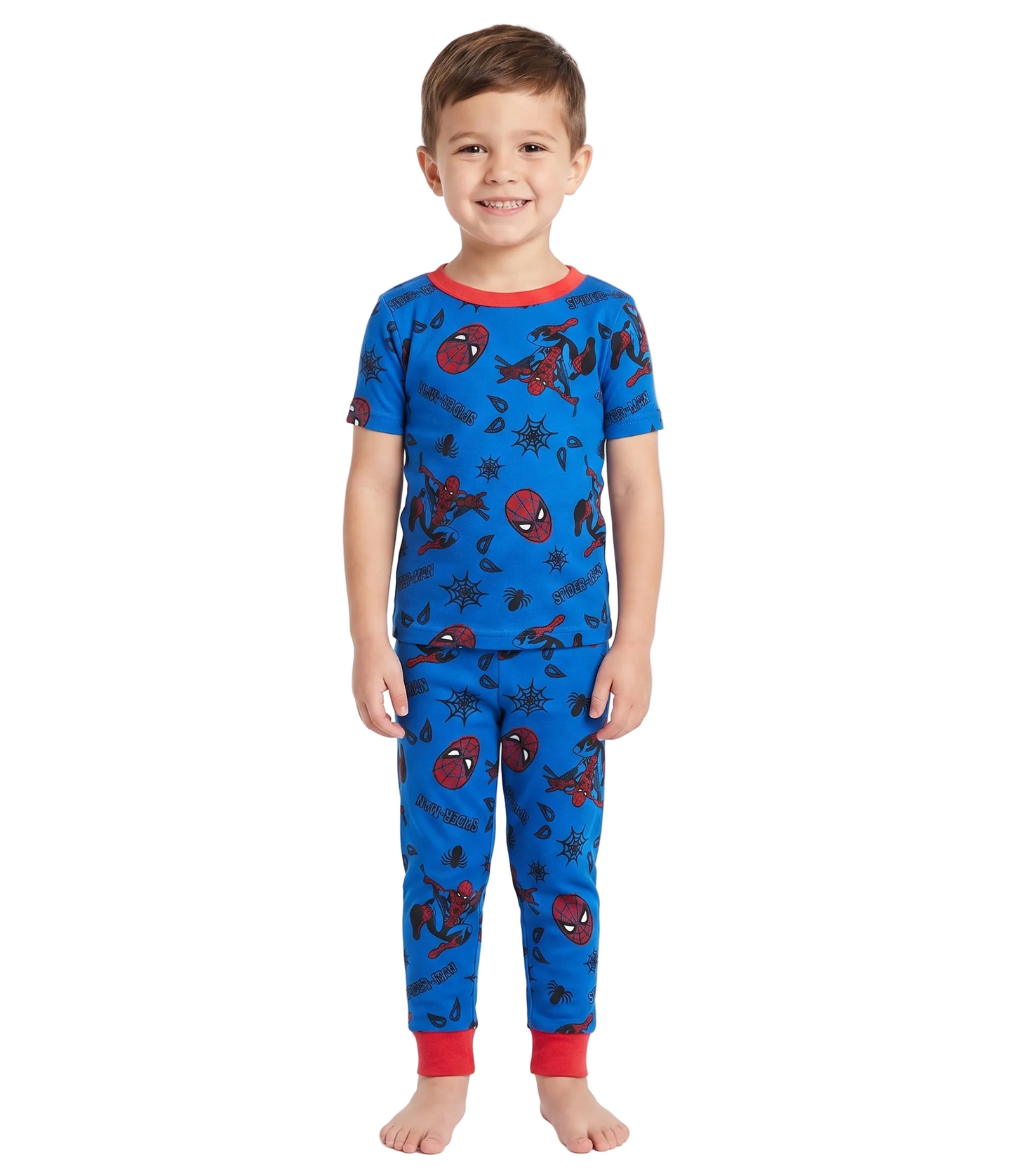 Marvel Spider-Man Boys 2-Piece Pajama Set, Short Sleeve All-Over Print Graphic Tee and Matching Pants, Royal Blue/Red
