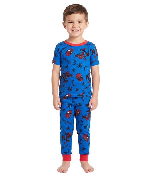 Marvel Spider-Man Boys 2-Piece Pajama Set, Short Sleeve All-Over Print Graphic Tee and Matching Pants, Royal Blue/Red