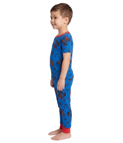 Marvel Spider-Man Boys 2-Piece Pajama Set, Short Sleeve All-Over Print Graphic Tee and Matching Pants, Royal Blue/Red