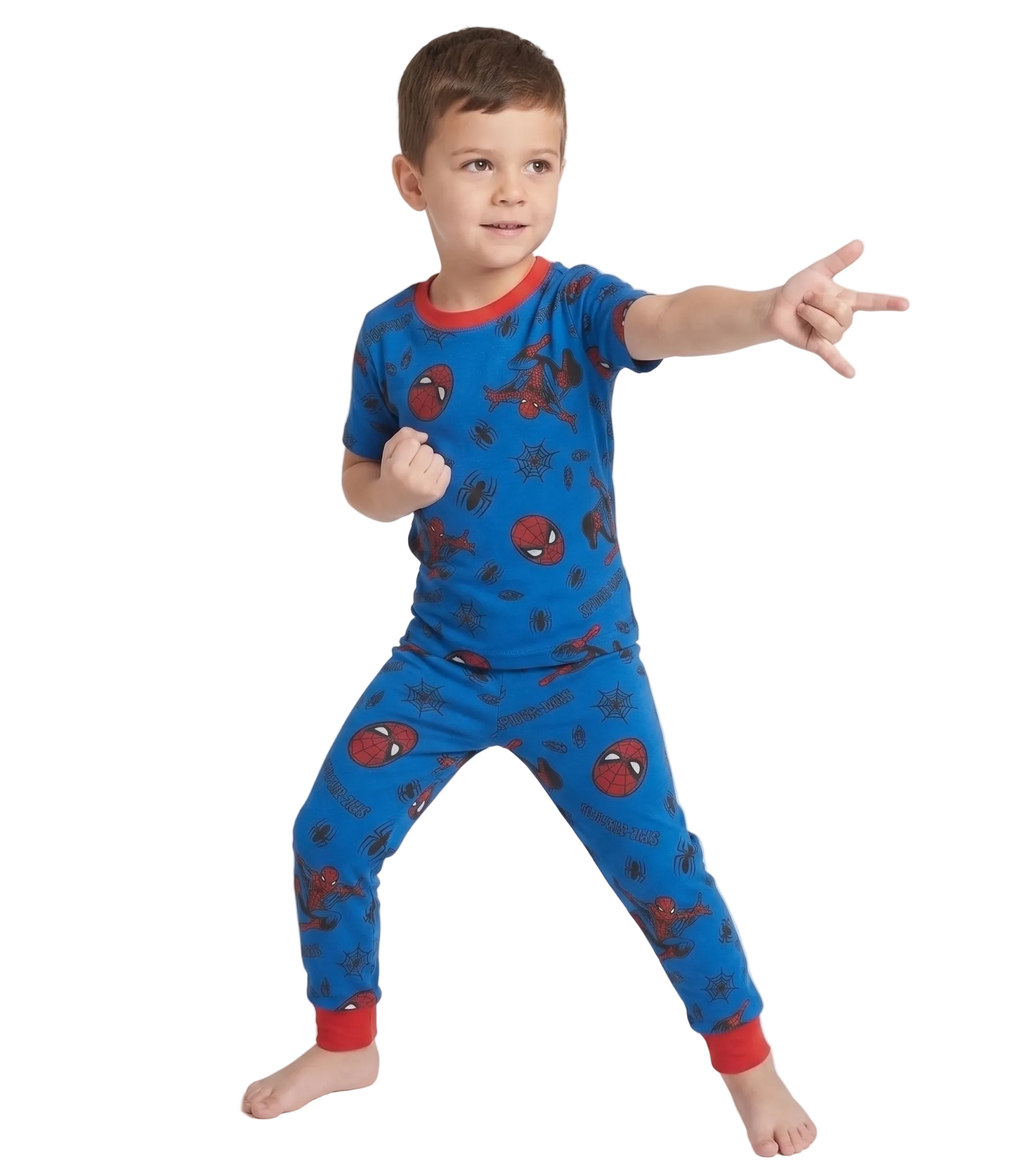 Marvel Spider-Man Boys 2-Piece Pajama Set, Short Sleeve All-Over Print Graphic Tee and Matching Pants, Royal Blue/Red