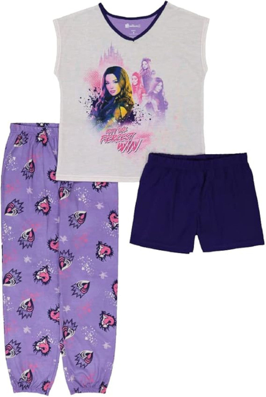 Disney Descendants Girls 3 Piece Pajama Set Sleeveless Top Pants and Shorts