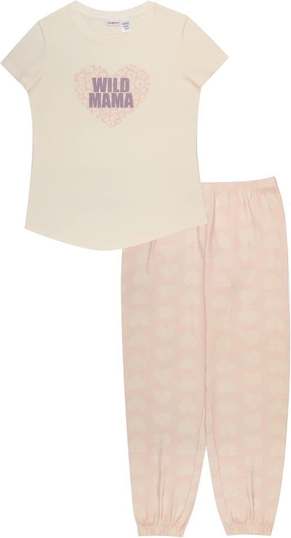 Dearfoams Wild Mama Women's Pajama Set Short Sleeve Graphic Tee and Heart Print Jogger Pants Cream and Pink Polyester Spandex Sizes S-XL