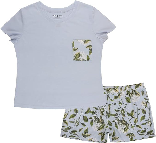 Dearfoams Women's Short Sleeve Pajama Set with Floral Pocket Tee and Matching Shorts, Light Blue, 100% Polyester, Sizes S to XL