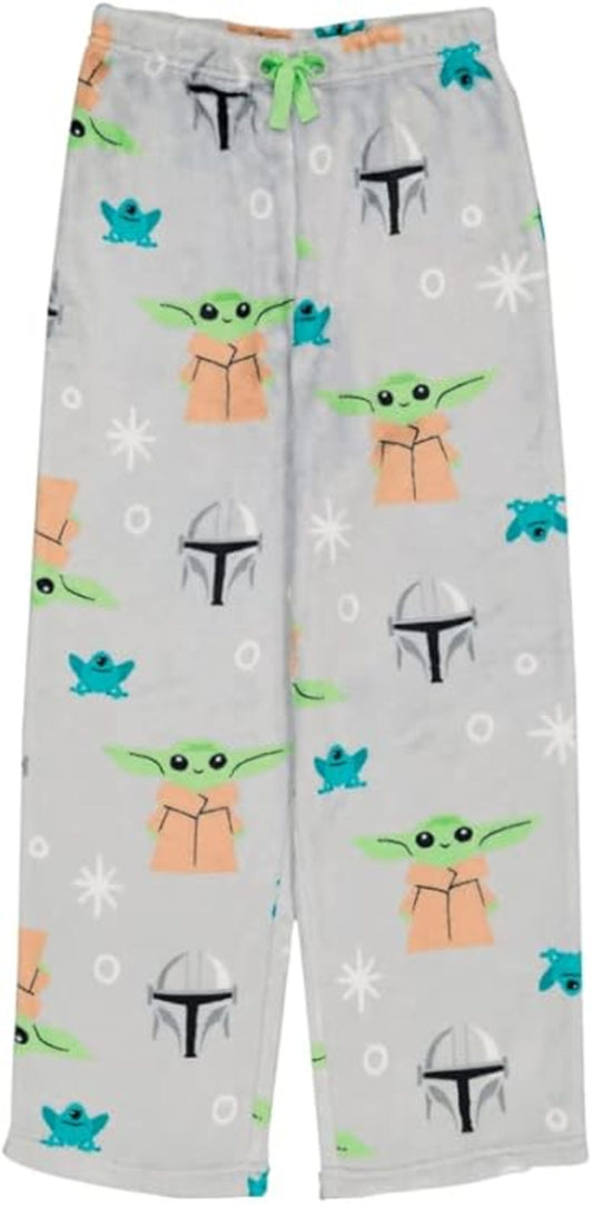Star Wars The Mandalorian Boys Fleece Pajama Pants, Grogu and Mando Helmet All-Over Print Sleep Trousers, Heather Gray