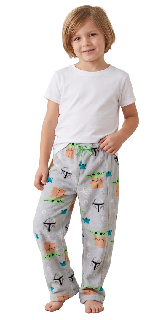 Star Wars The Mandalorian Boys Fleece Pajama Pants, Grogu and Mando Helmet All-Over Print Sleep Trousers, Heather Gray