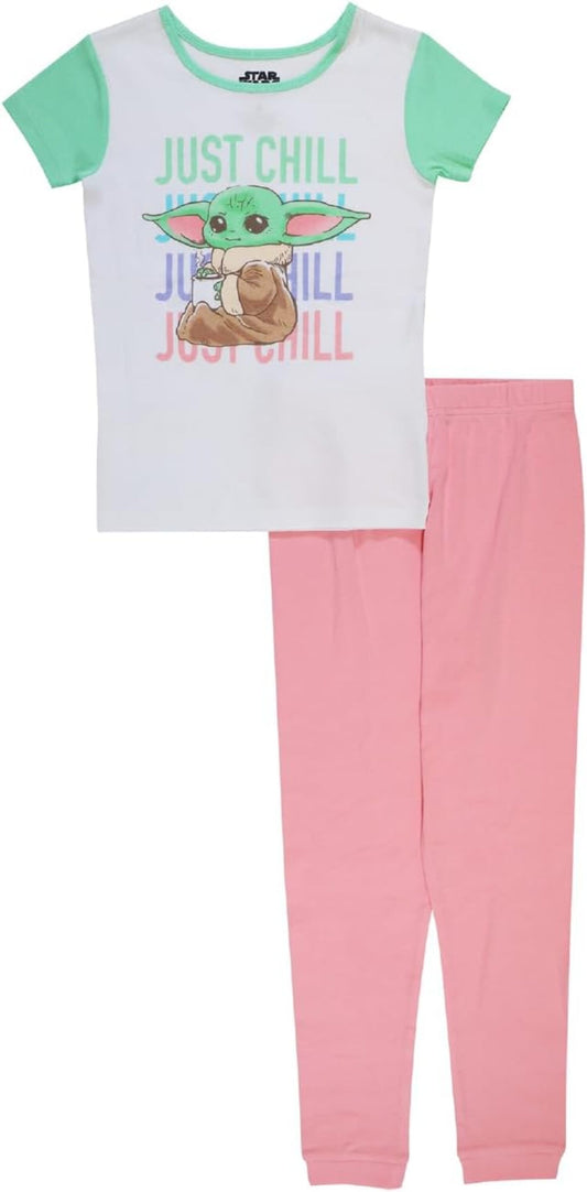 Star Wars Girls 2-Piece Cotton Pajama Set, Grogu "Just Chill" Graphic Short Sleeve Tee and Matching Pink Pants, Snug Fit