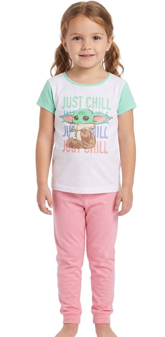 Star Wars Girls 2-Piece Cotton Pajama Set, Grogu "Just Chill" Graphic Short Sleeve Tee and Matching Pink Pants, Snug Fit