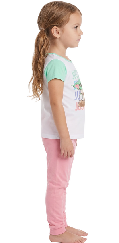 Star Wars Girls 2-Piece Cotton Pajama Set, Grogu "Just Chill" Graphic Short Sleeve Tee and Matching Pink Pants, Snug Fit