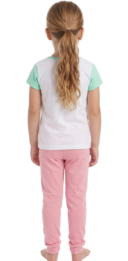 Star Wars Girls 2-Piece Cotton Pajama Set, Grogu "Just Chill" Graphic Short Sleeve Tee and Matching Pink Pants, Snug Fit