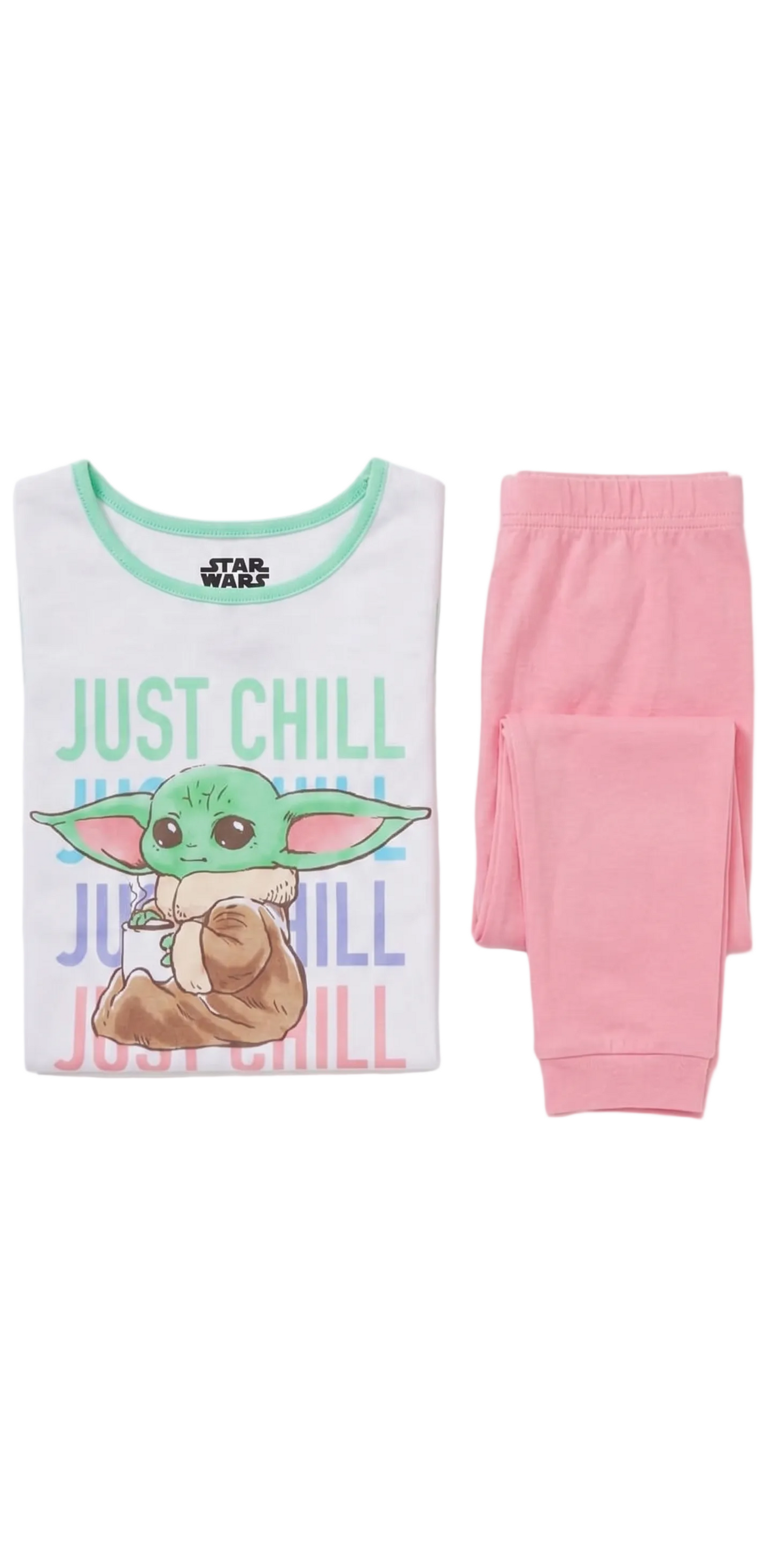 Star Wars Girls 2-Piece Cotton Pajama Set, Grogu "Just Chill" Graphic Short Sleeve Tee and Matching Pink Pants, Snug Fit