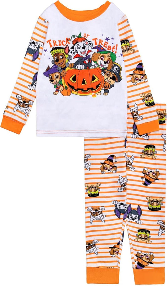 Paw Patrol Halloween Unisex 2-Piece Cotton Pajama Set, Long Sleeve "Trick or Treat" Pups Graphic Top and Striped Pants, Orange/White