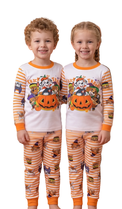 Paw Patrol Halloween Unisex 2-Piece Cotton Pajama Set, Long Sleeve "Trick or Treat" Pups Graphic Top and Striped Pants, Orange/White