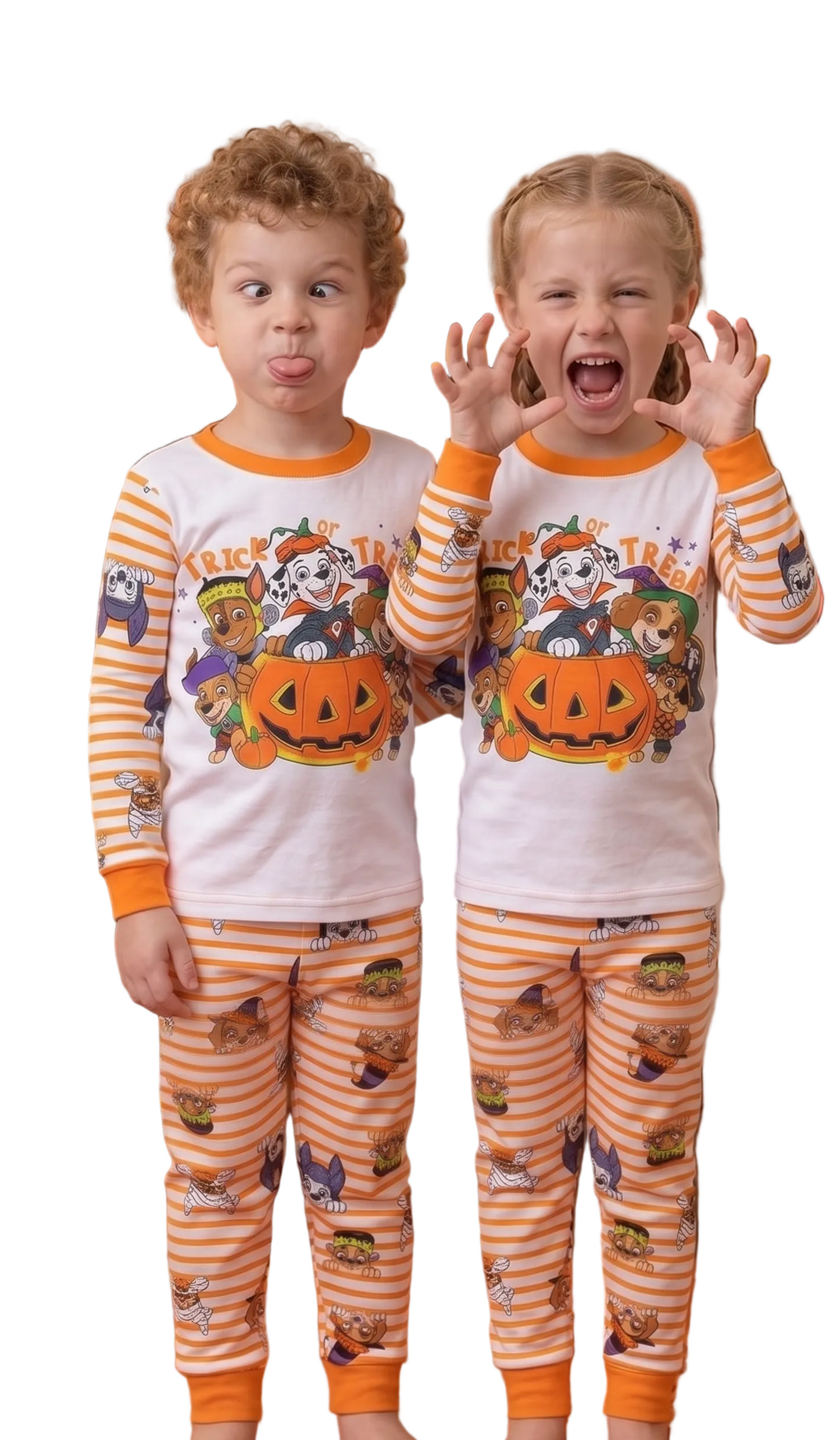 Paw Patrol Halloween Unisex 2-Piece Cotton Pajama Set, Long Sleeve "Trick or Treat" Pups Graphic Top and Striped Pants, Orange/White