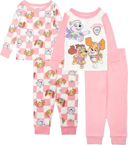 Paw Patrol Girls 4-Piece Cotton Pajama Set, Skye and Everest Graphic Tees and Matching Pants, Snug Fit Sleepwear, Pink/White