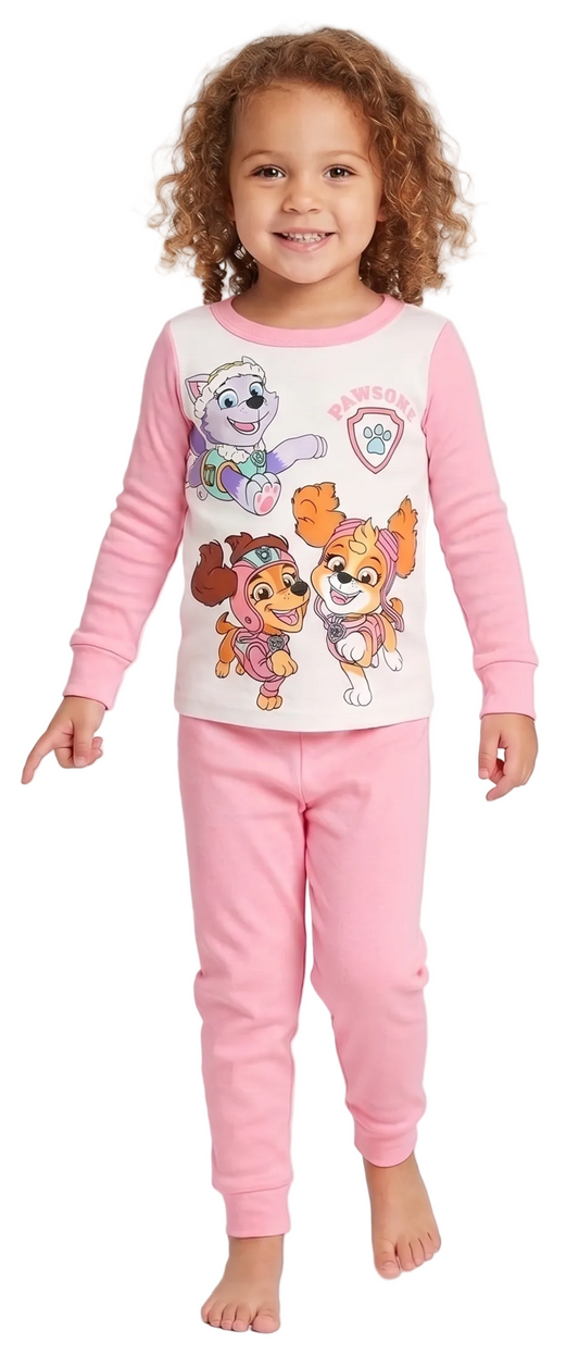 Paw Patrol Girls 4-Piece Cotton Pajama Set, Skye and Everest Graphic Tees and Matching Pants, Snug Fit Sleepwear, Pink/White