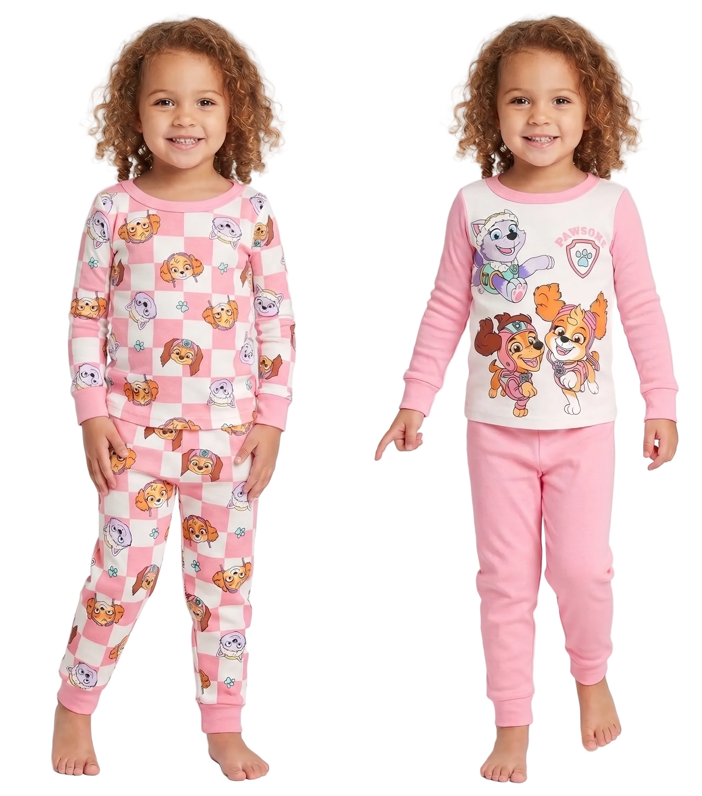 Paw Patrol Girls 4-Piece Cotton Pajama Set, Skye and Everest Graphic Tees and Matching Pants, Snug Fit Sleepwear, Pink/White
