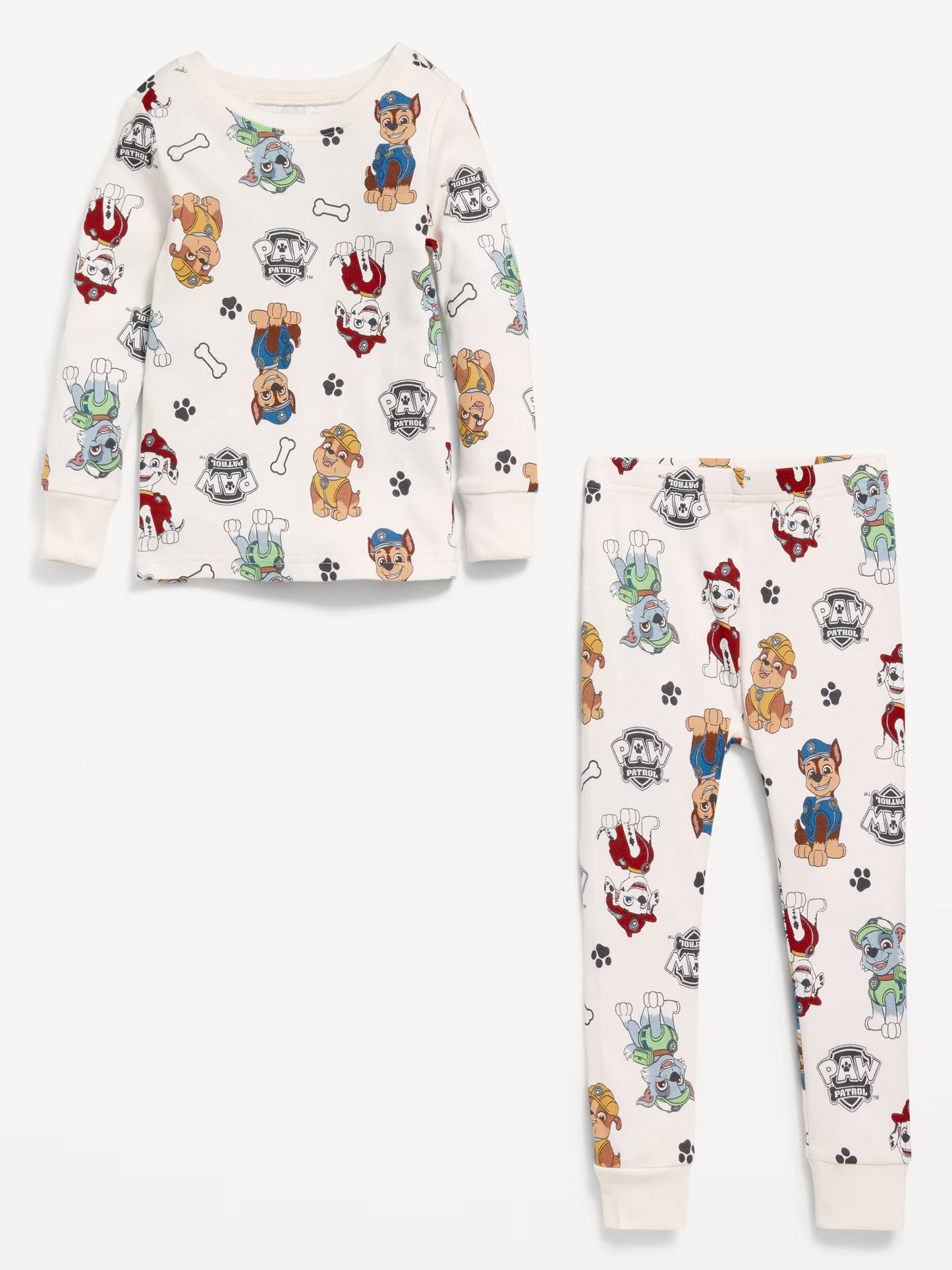 Paw Patrol Unisex 2-Piece Cotton Pajama Set, Long Sleeve Chase Marshall Rubble and Rocky All-Over Print Top and Pants, Cream