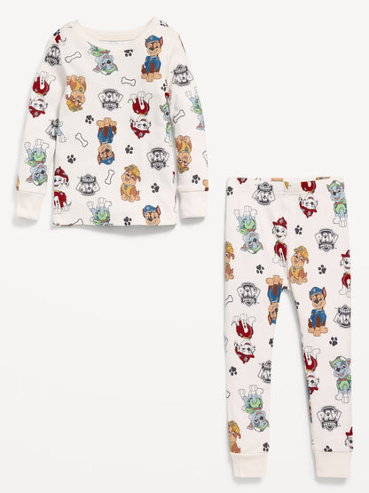 Paw Patrol Unisex 2-Piece Cotton Pajama Set, Long Sleeve Chase Marshall Rubble and Rocky All-Over Print Top and Pants, Cream