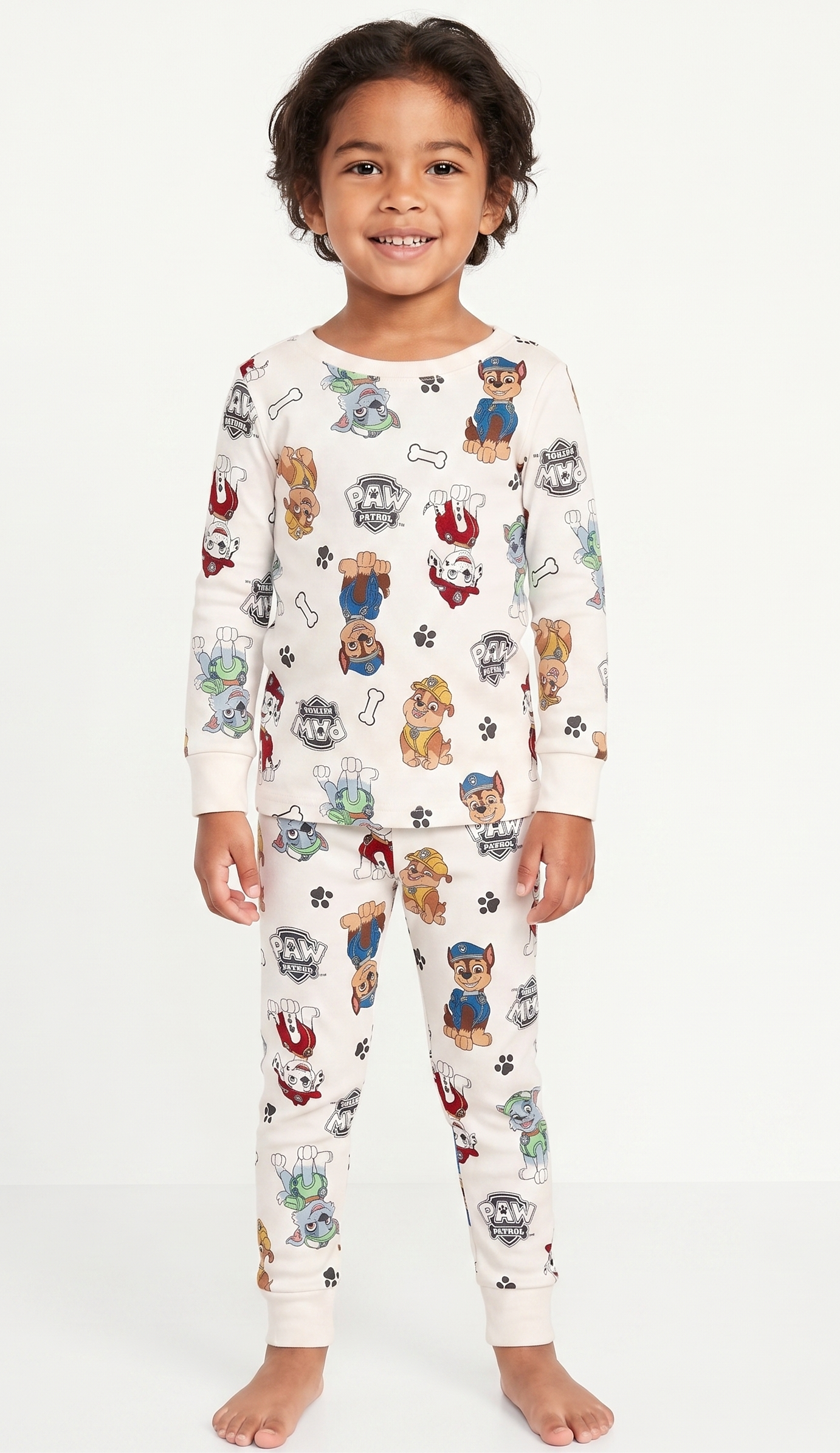 Paw Patrol Unisex 2-Piece Cotton Pajama Set, Long Sleeve Chase Marshall Rubble and Rocky All-Over Print Top and Pants, Cream