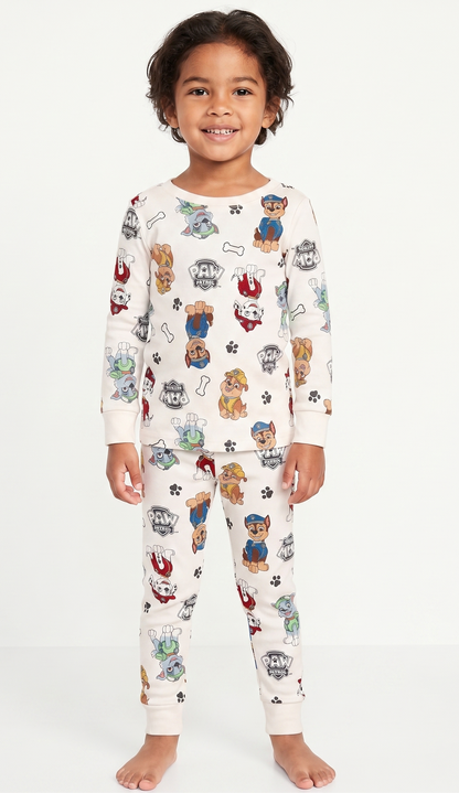 Paw Patrol Unisex 2-Piece Cotton Pajama Set, Long Sleeve Chase Marshall Rubble and Rocky All-Over Print Top and Pants, Cream