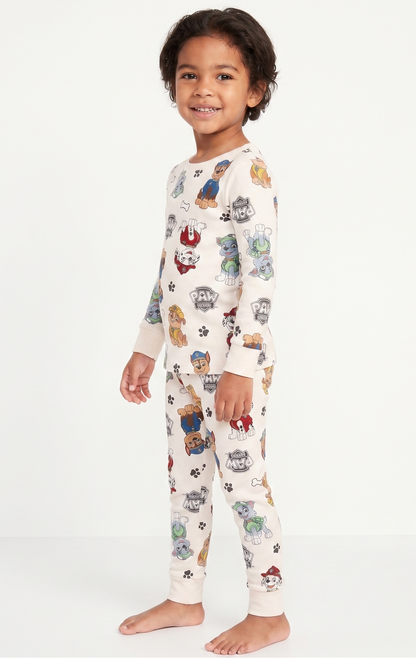 Paw Patrol Unisex 2-Piece Cotton Pajama Set, Long Sleeve Chase Marshall Rubble and Rocky All-Over Print Top and Pants, Cream