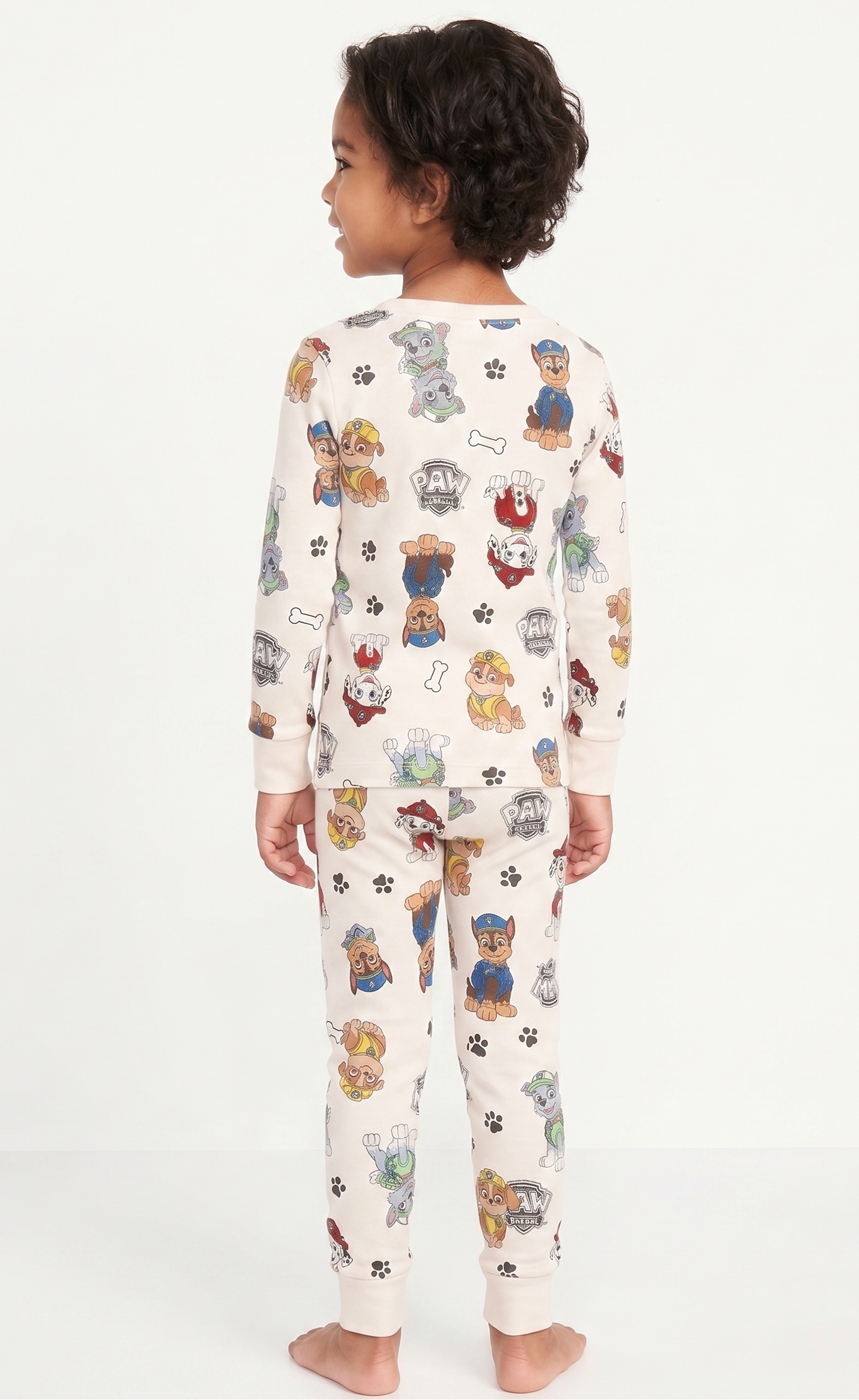 Paw Patrol Unisex 2-Piece Cotton Pajama Set, Long Sleeve Chase Marshall Rubble and Rocky All-Over Print Top and Pants, Cream