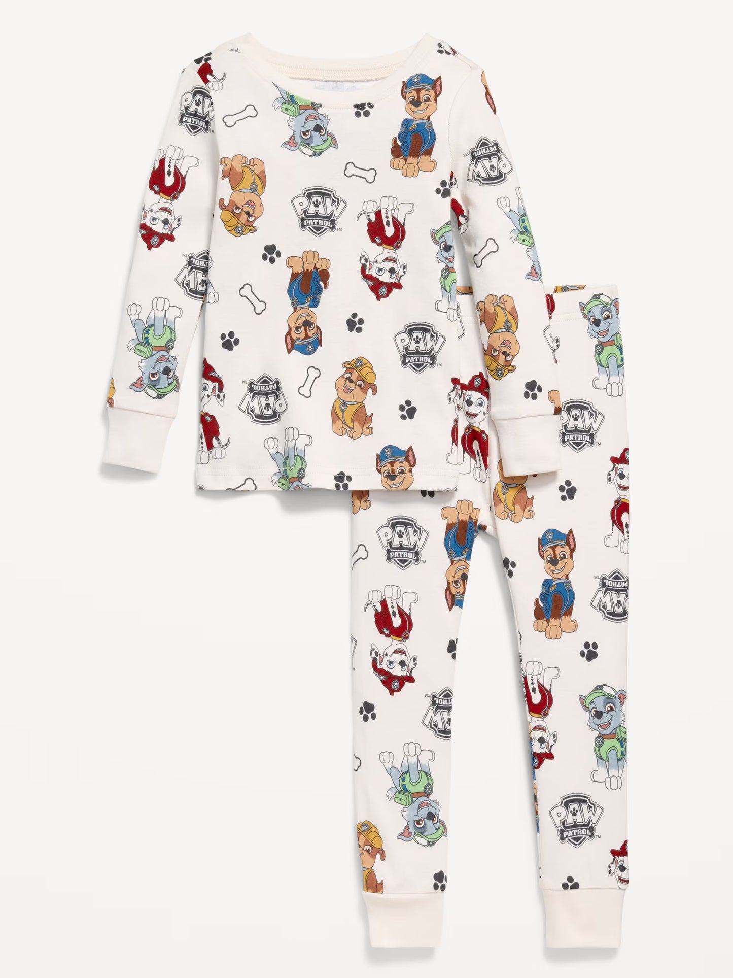 Paw Patrol Unisex 2-Piece Cotton Pajama Set, Long Sleeve Chase Marshall Rubble and Rocky All-Over Print Top and Pants, Cream