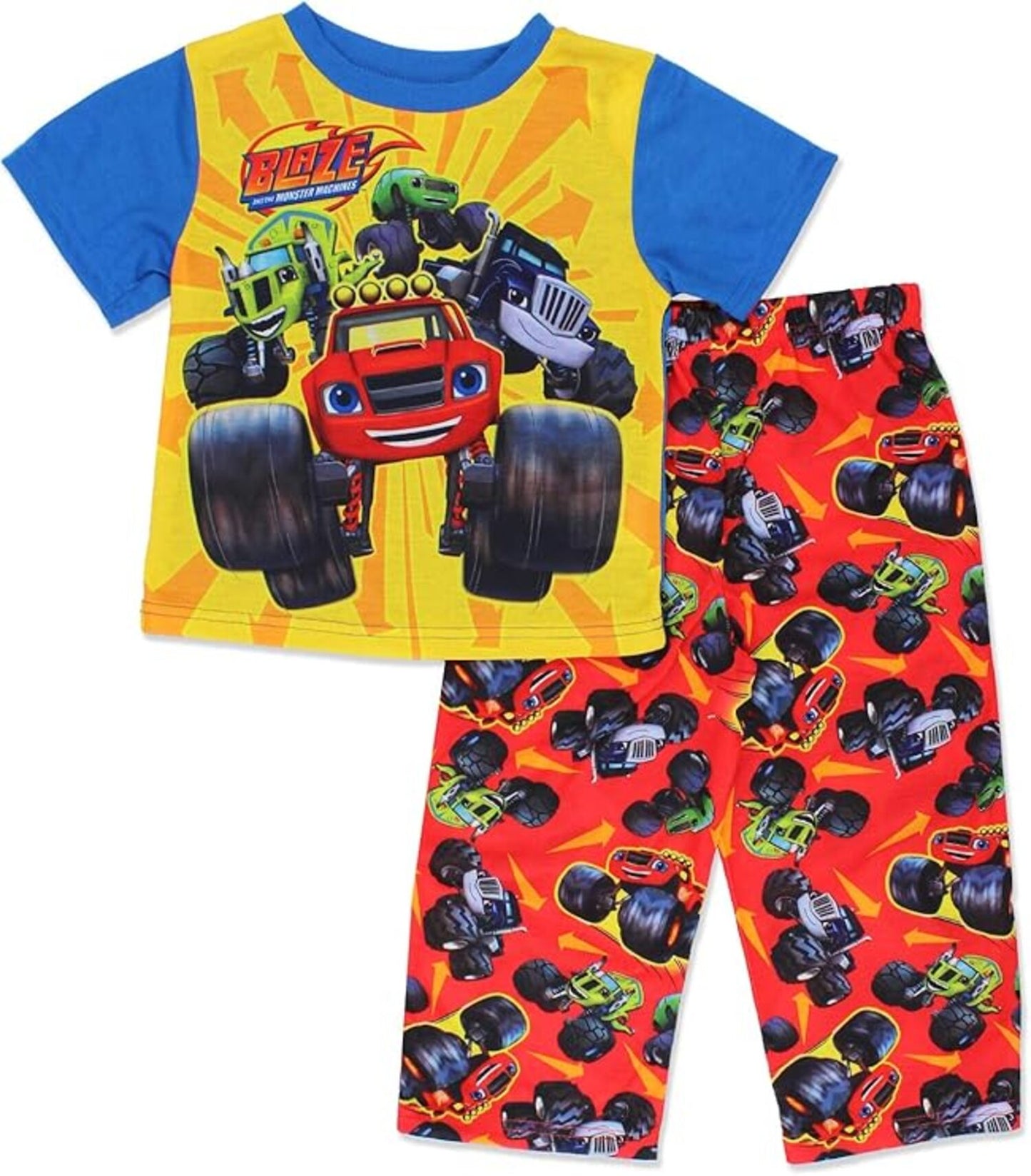 Blaze and the Monster Machines Boys 2-Piece Pajama Set, Short Sleeve Graphic Tee and Matching Allover Print Pants, Red/Yellow/Blue