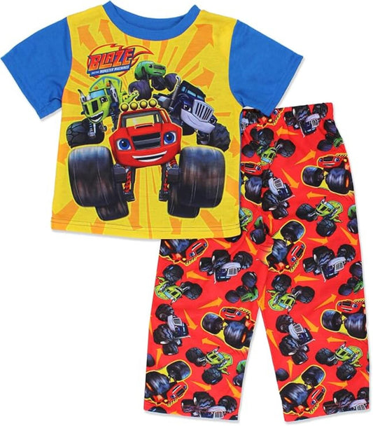 Blaze and the Monster Machines Boys 2-Piece Pajama Set, Short Sleeve Graphic Tee and Matching Allover Print Pants, Red/Yellow/Blue
