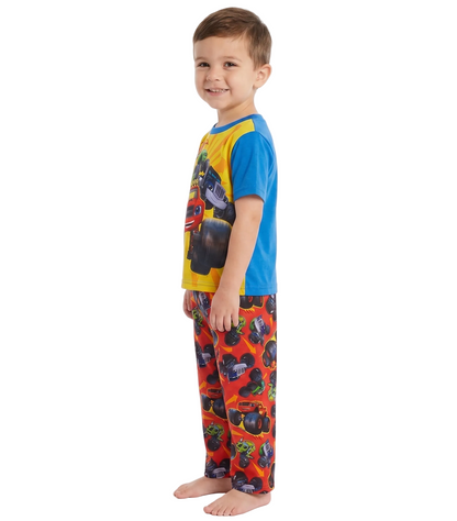 Blaze and the Monster Machines Boys 2-Piece Pajama Set, Short Sleeve Graphic Tee and Matching Allover Print Pants, Red/Yellow/Blue