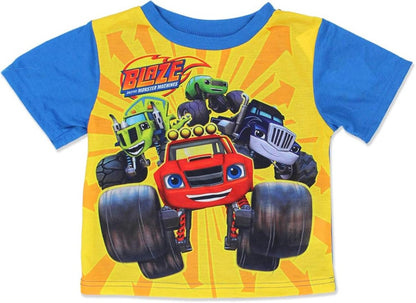 Blaze and the Monster Machines Boys 2-Piece Pajama Set, Short Sleeve Graphic Tee and Matching Allover Print Pants, Red/Yellow/Blue