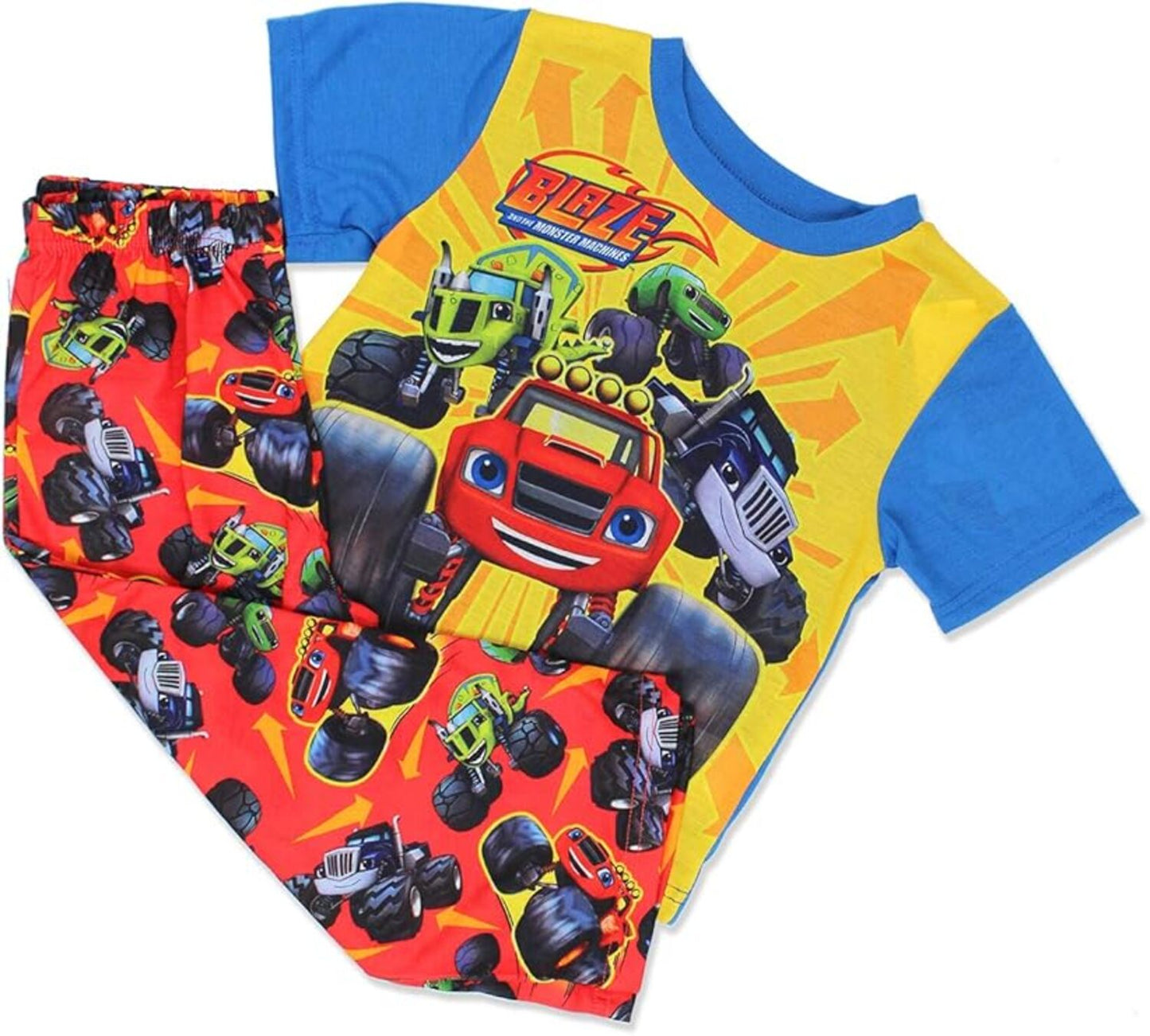 Blaze and the Monster Machines Boys 2-Piece Pajama Set, Short Sleeve Graphic Tee and Matching Allover Print Pants, Red/Yellow/Blue