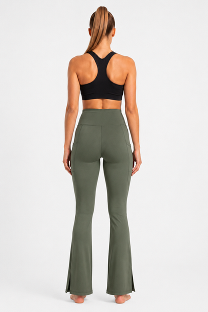 New York Laundry Women's High-Waisted Flare Yoga Pants with Side Pockets and Hem Slits, Olive Green