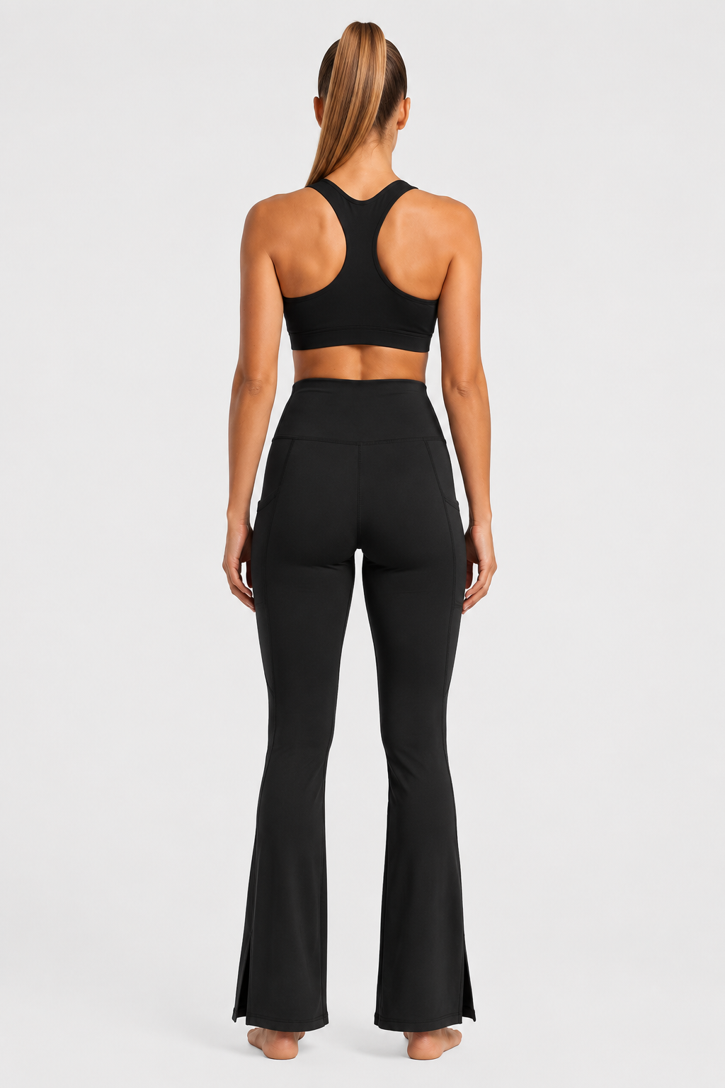 New York Laundry Women's High-Waisted Flare Yoga Pants with Side Pockets and Hem Slits, Jet Black