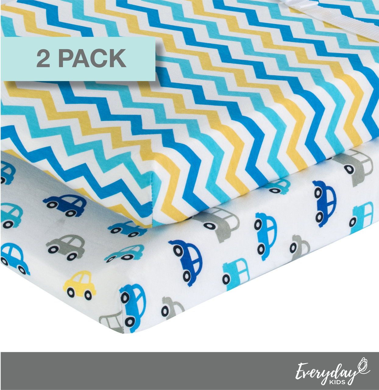 EVERYDAY KIDS 2 Pack Cotton Jersey Knit Changing Pad Cover - Cars/Chevron