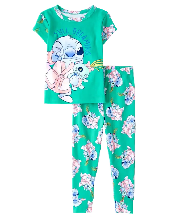 Disney Lilo & Stitch Still Dreaming Short Sleeve Top and Pants Pajama Set for Toddler Kids, Green, Size 4T