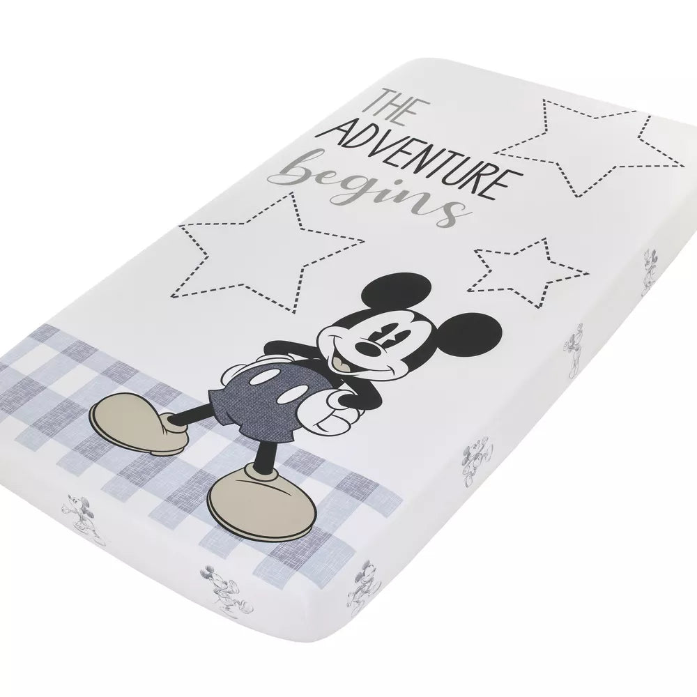 Disney Mickey Mouse "The Adventure Begins" Photo Op Fitted Crib Sheet, Grey and White