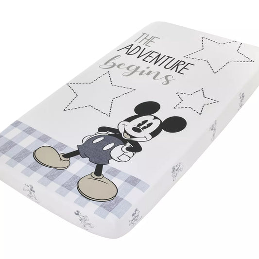 Disney Mickey Mouse "The Adventure Begins" Photo Op Fitted Crib Sheet, Grey and White