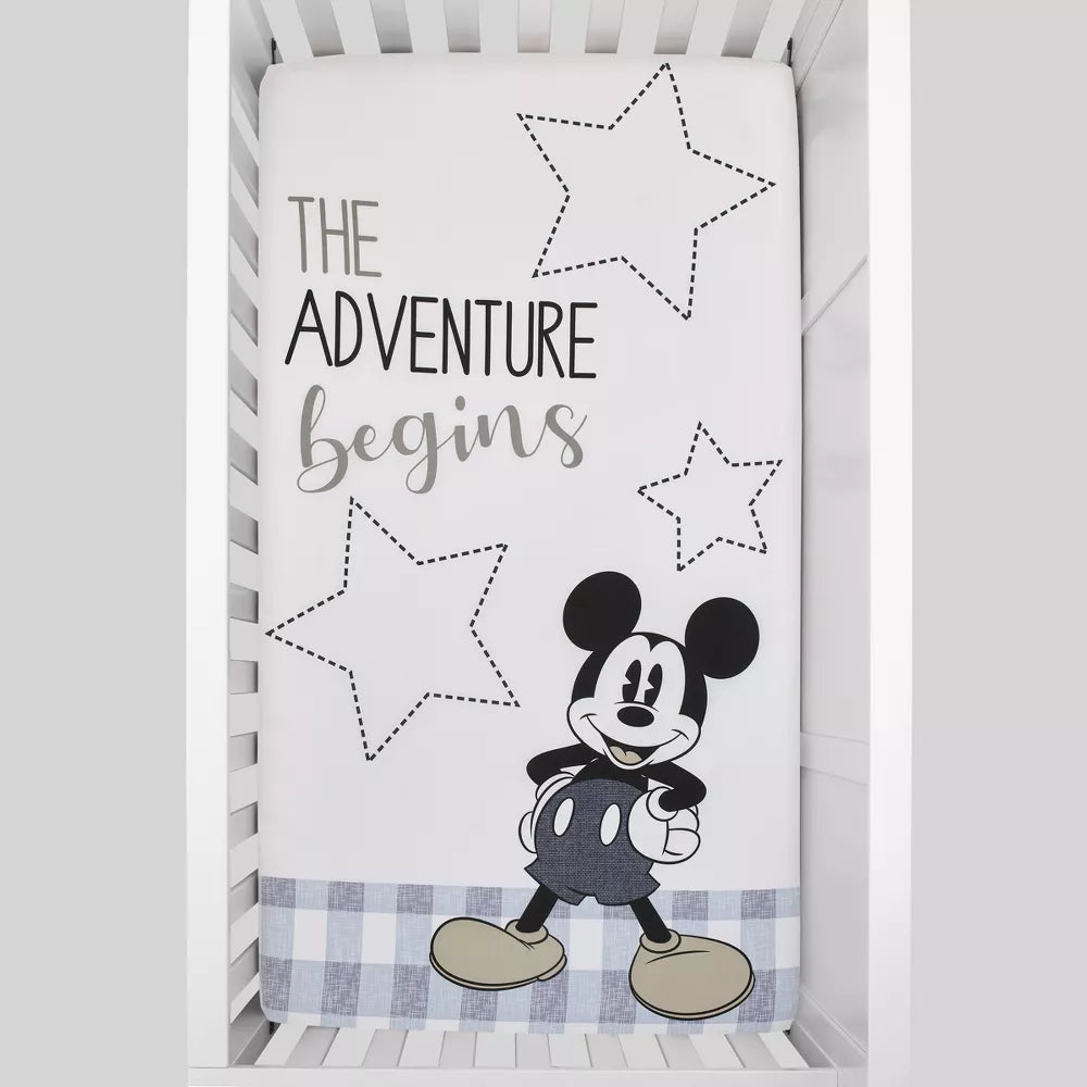 Disney Mickey Mouse "The Adventure Begins" Photo Op Fitted Crib Sheet, Grey and White