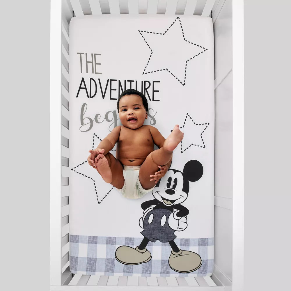 Disney Mickey Mouse "The Adventure Begins" Photo Op Fitted Crib Sheet, Grey and White