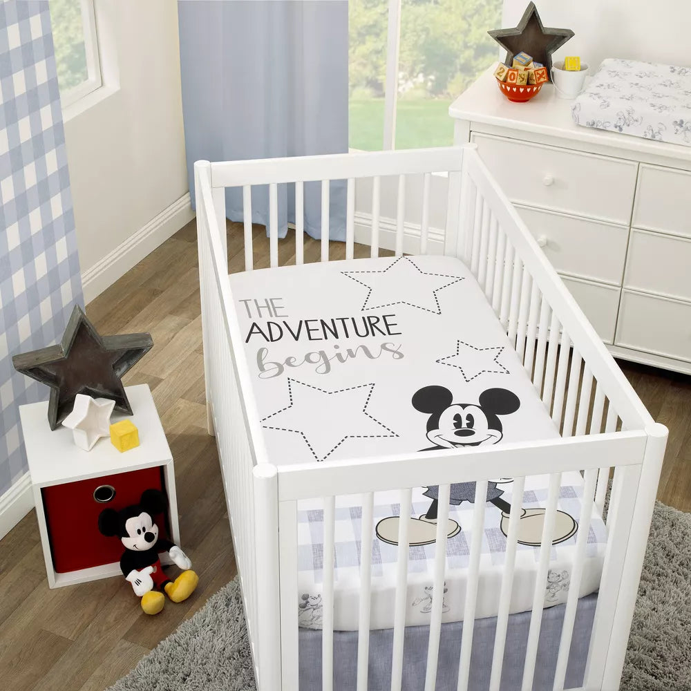 Disney Mickey Mouse "The Adventure Begins" Photo Op Fitted Crib Sheet, Grey and White