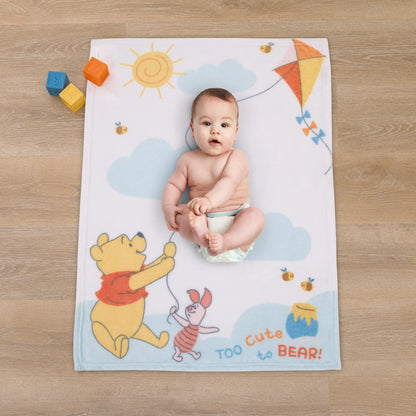 Disney Winnie the Pooh "Too Cute to Bear!" Photo Op Baby Blanket, 30 x 40 Inches, White and Blue