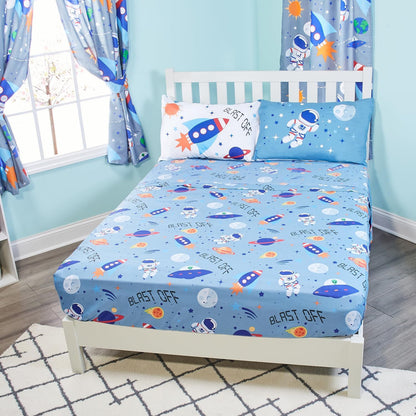 Everyday Kids Blast Off in Outer Space 4PC Full Size Bed Sheet Set