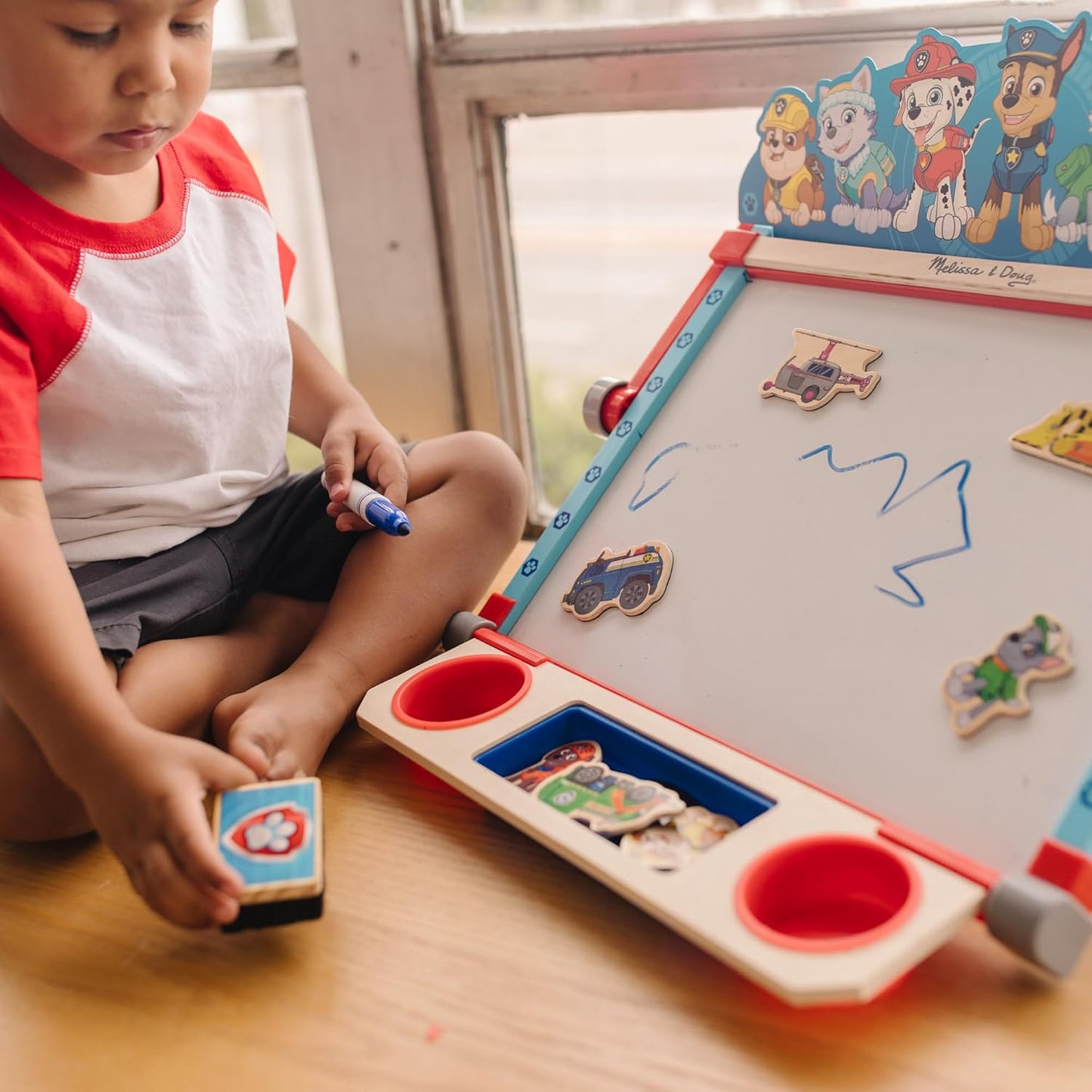 Melissa & Doug PAW Patrol Wooden Double-Sided Tabletop Art Center Easel, 33 Pieces, Art & Drawing Activity Toy for Kids Ages 3+