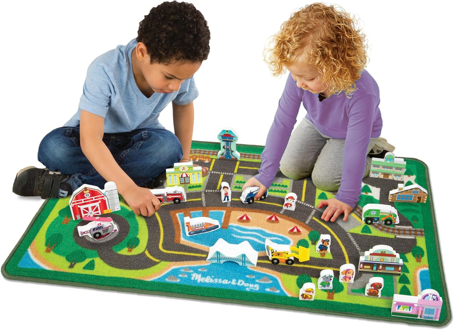 Melissa & Doug PAW Patrol Adventure Bay Activity Rug, 22-Piece Town Play Mat with Wooden Vehicles & Figures for Kids Ages 3+