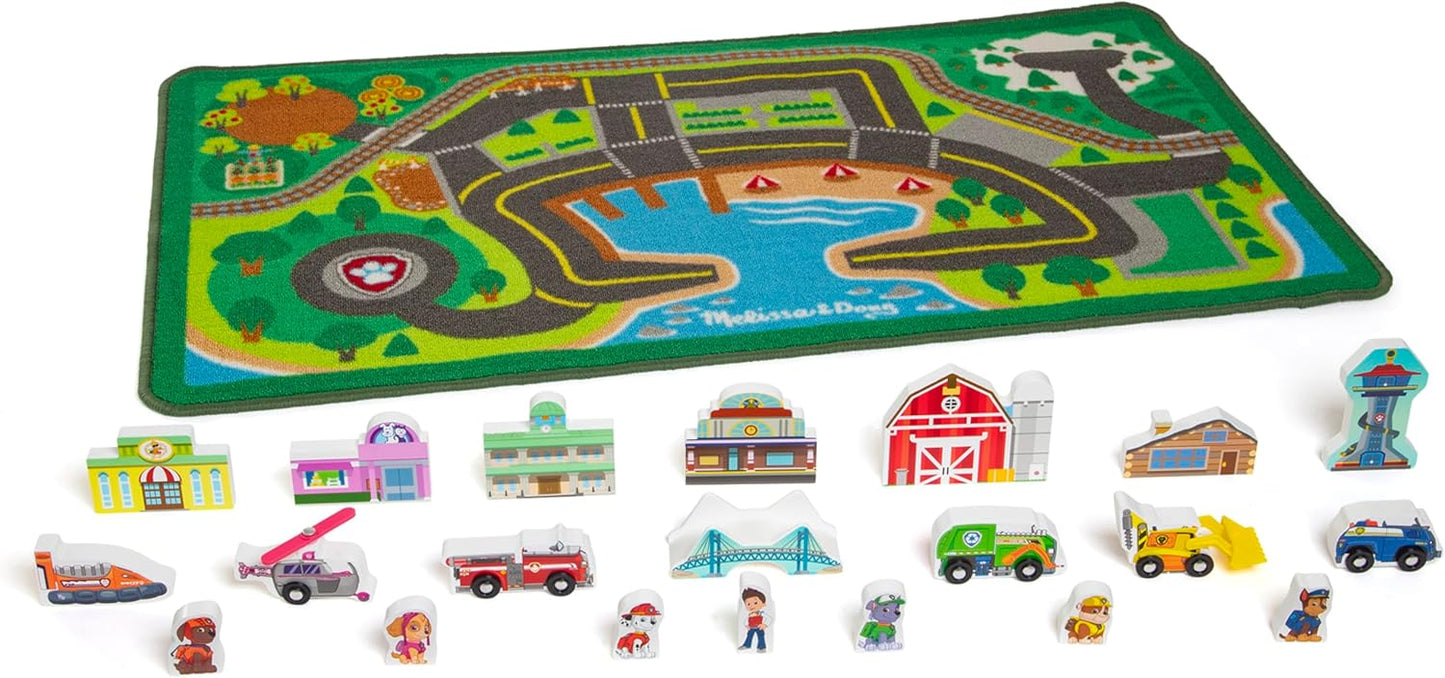 Melissa & Doug PAW Patrol Adventure Bay Activity Rug, 22-Piece Town Play Mat with Wooden Vehicles & Figures for Kids Ages 3+