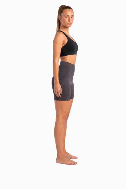New York Laundry Women's 7-Inch High-Waisted Biker Shorts with Side Pockets, Charcoal Grey