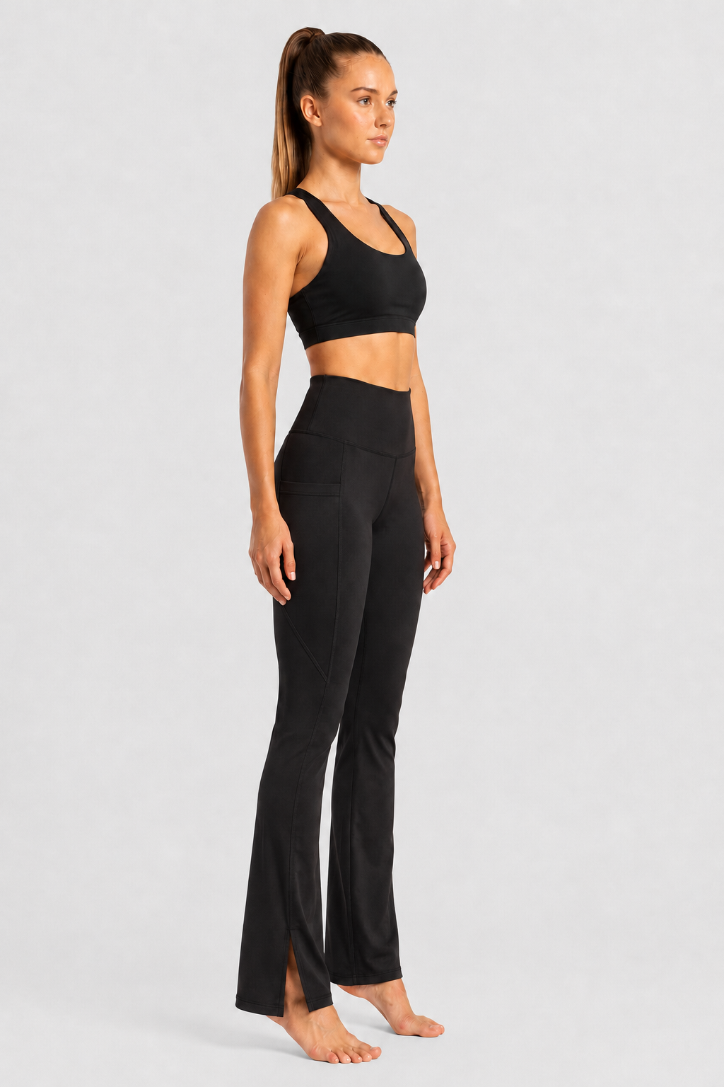 New York Laundry Women's High-Waisted Flare Yoga Pants with Side Pockets and Hem Slits, Jet Black