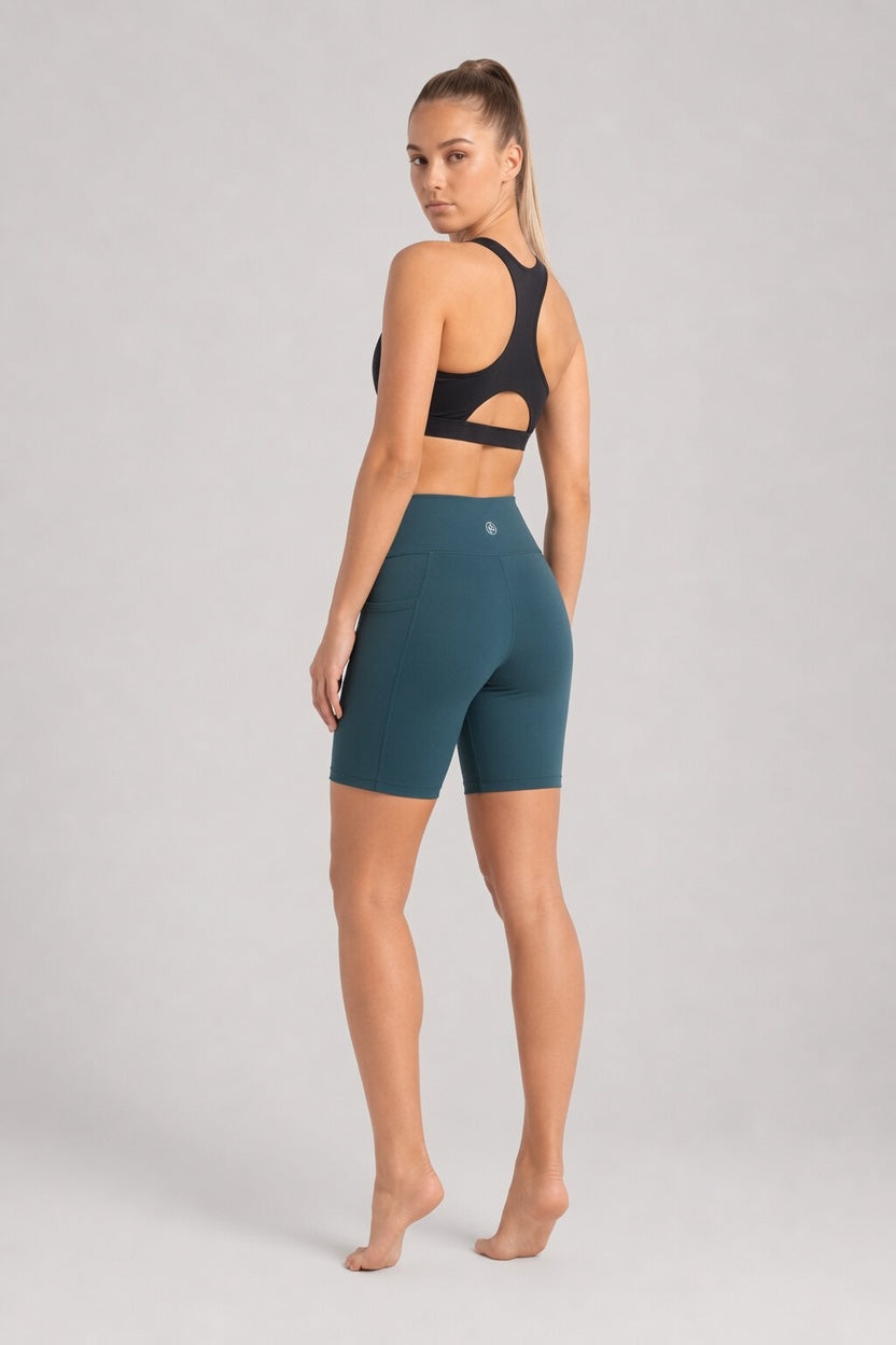 New York Laundry Women's 7-Inch High-Waisted Biker Shorts with Side Pockets, Teal / Dark Green